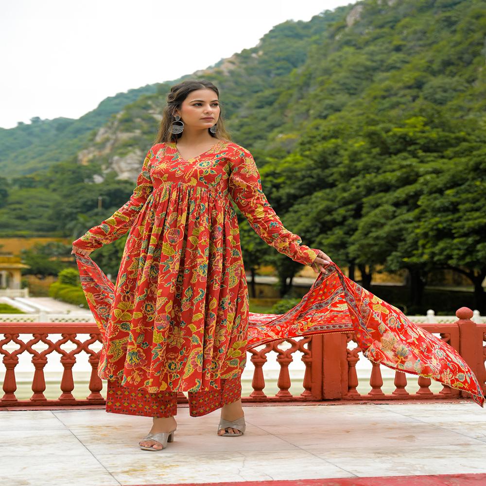 Divena Red Cotton Straight Kurta Pant With Dupatta