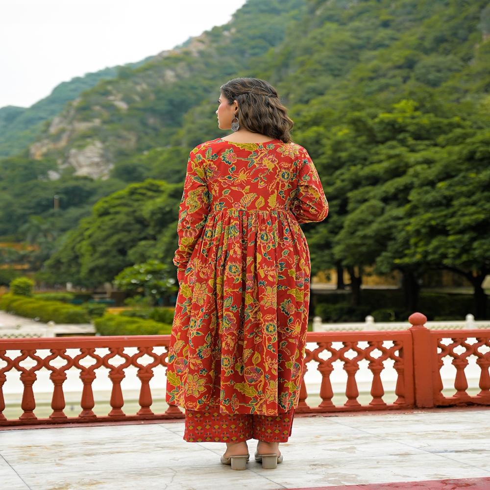 Divena Red Cotton Straight Kurta Pant With Dupatta