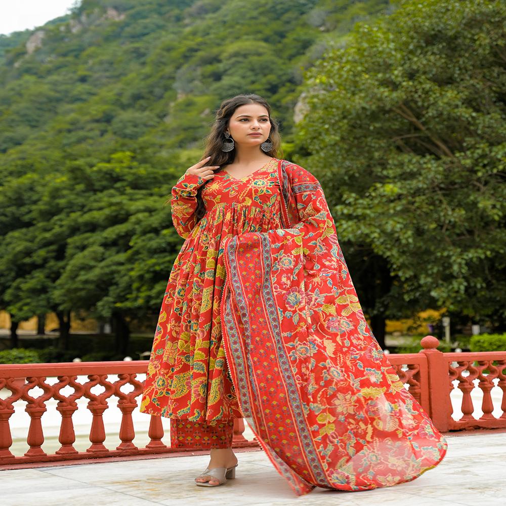 Divena Red Cotton Straight Kurta Pant With Dupatta
