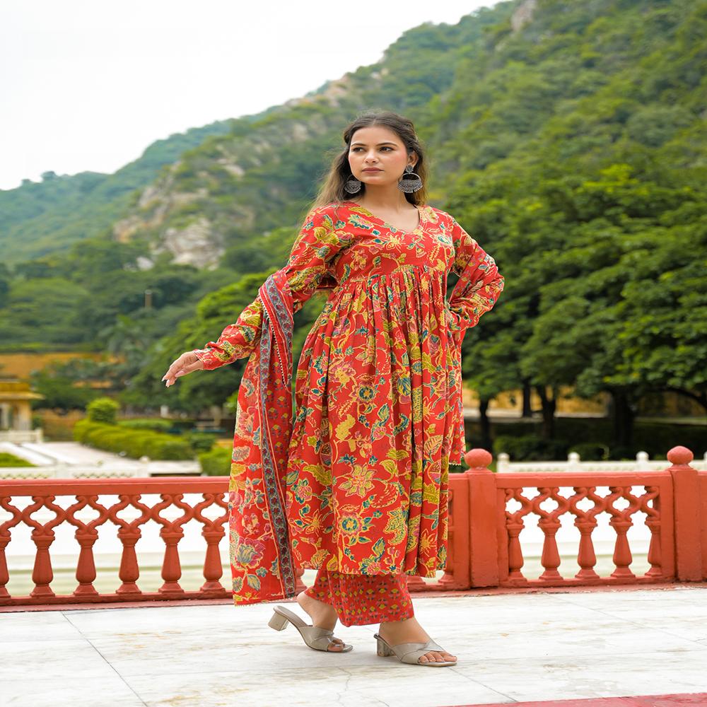Divena Red Cotton Straight Kurta Pant With Dupatta