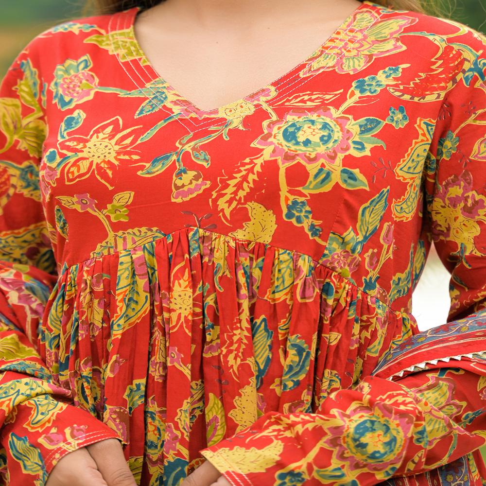 Divena Red Cotton Straight Kurta Pant With Dupatta