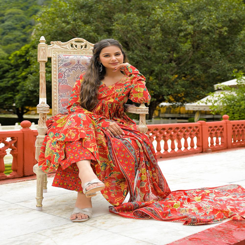 Divena Red Cotton Straight Kurta Pant With Dupatta
