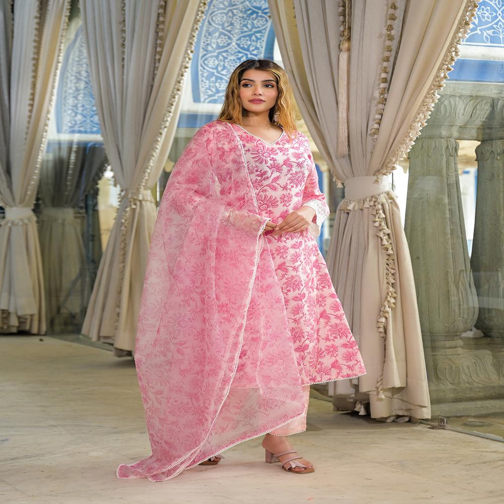 Divena Pink Hand Block Tussar Silk Straight Kurta Pant With Dupatta