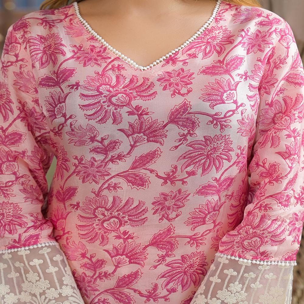 Divena Pink Hand Block Tussar Silk Straight Kurta Pant With Dupatta