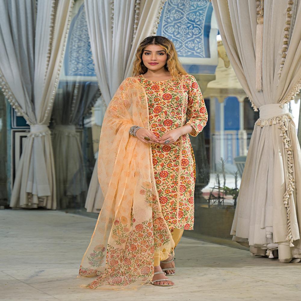 Divena Yellow Hand Block Cotton Straight Kurta Pant With Dupatta