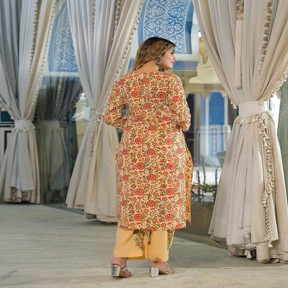 Divena Yellow Hand Block Cotton Straight Kurta Pant With Dupatta