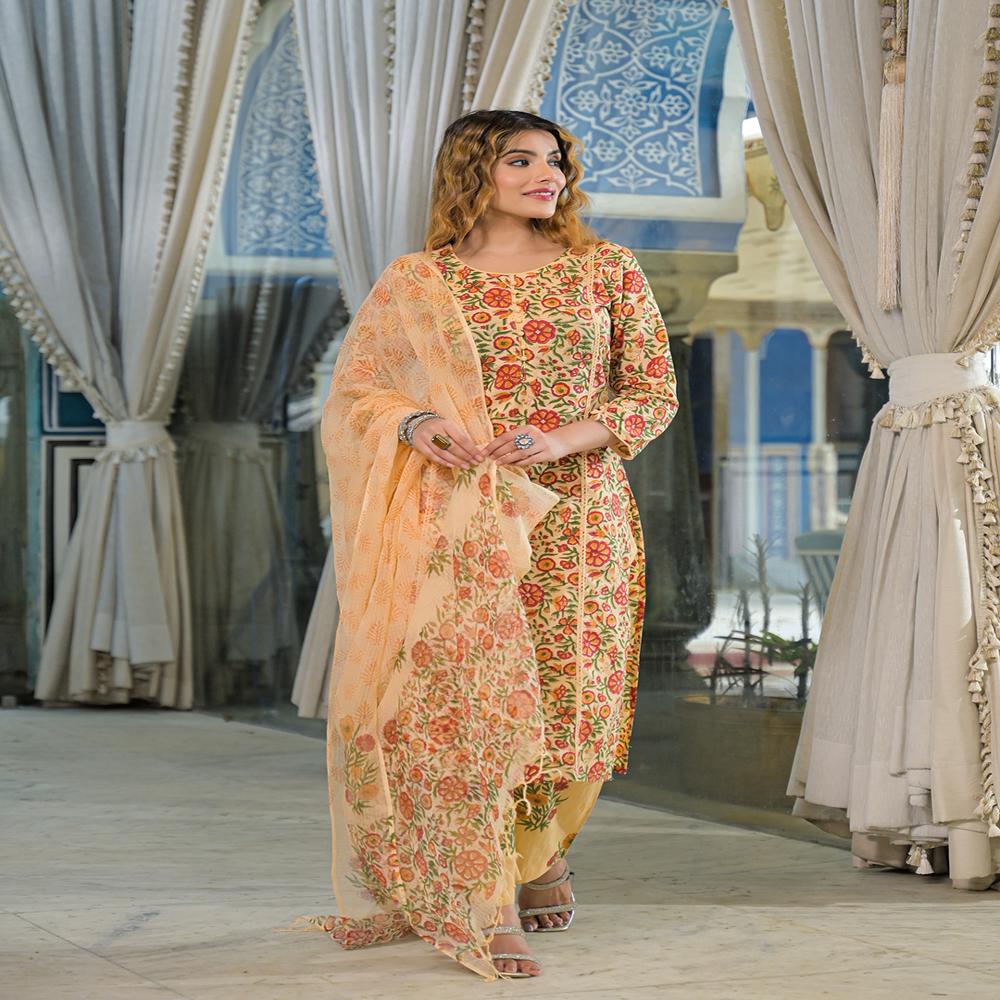 Divena Yellow Hand Block Cotton Straight Kurta Pant With Dupatta