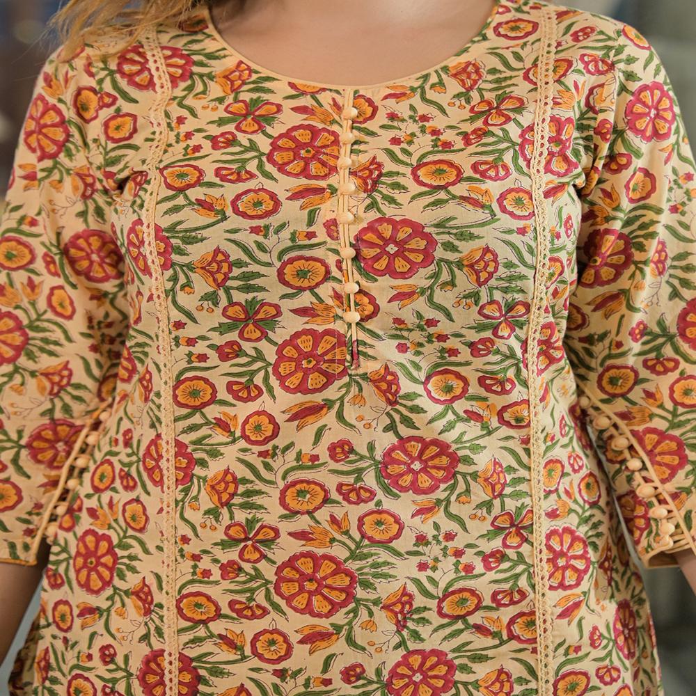 Divena Yellow Hand Block Cotton Straight Kurta Pant With Dupatta