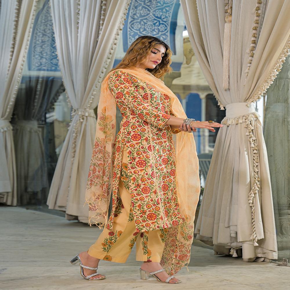 Divena Yellow Hand Block Cotton Straight Kurta Pant With Dupatta