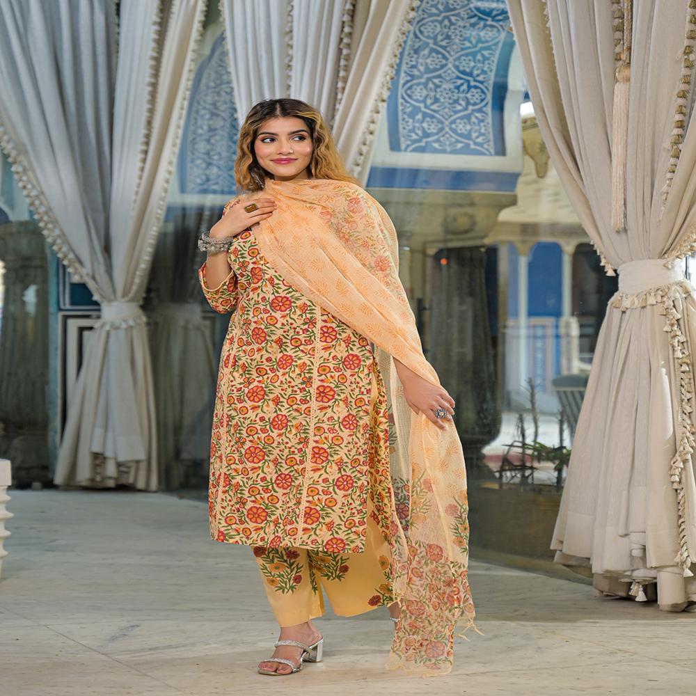 Divena Yellow Hand Block Cotton Straight Kurta Pant With Dupatta