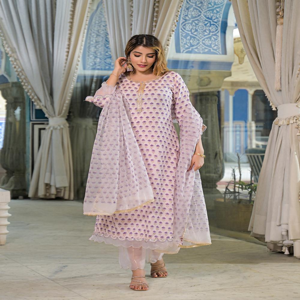Divena Purple Hand Block Muslin Straight Kurta Pant With Dupatta