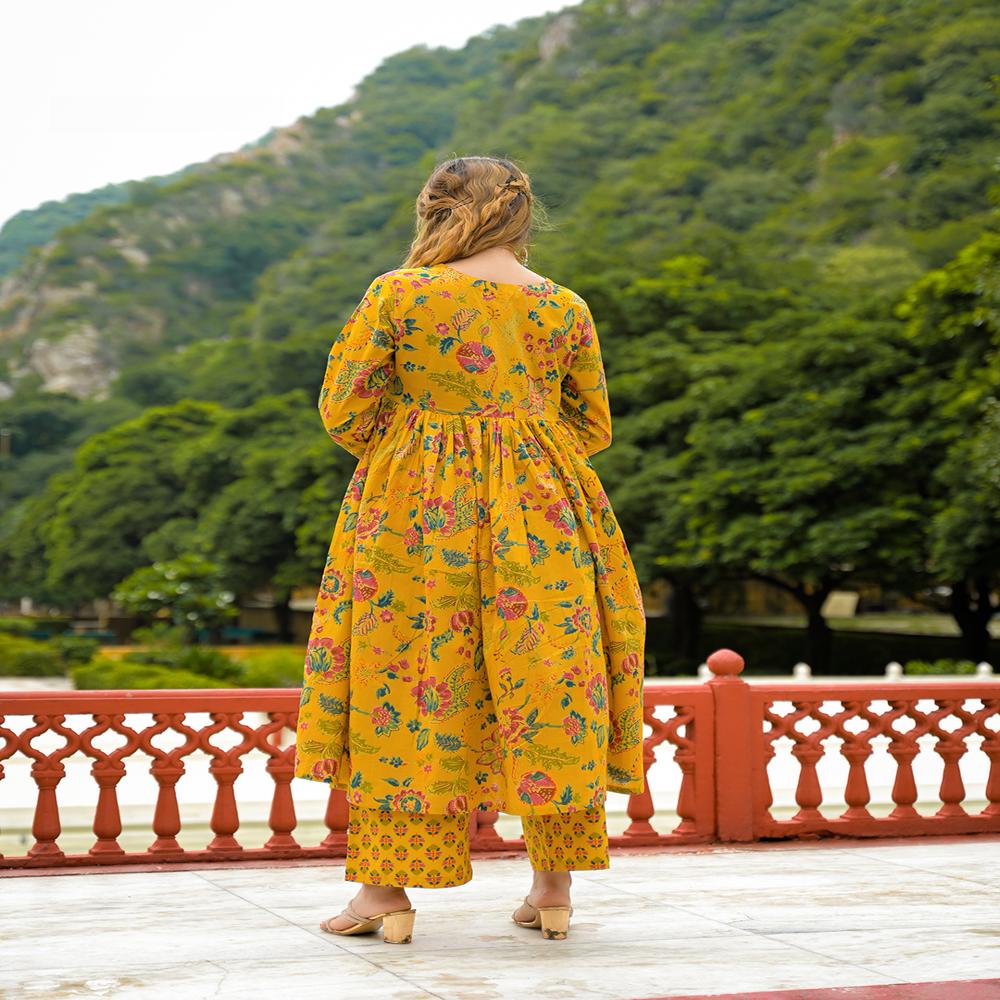 Divena Mustard Floral Print Cotton Anarkali Kurta Pant Set With Dupatta