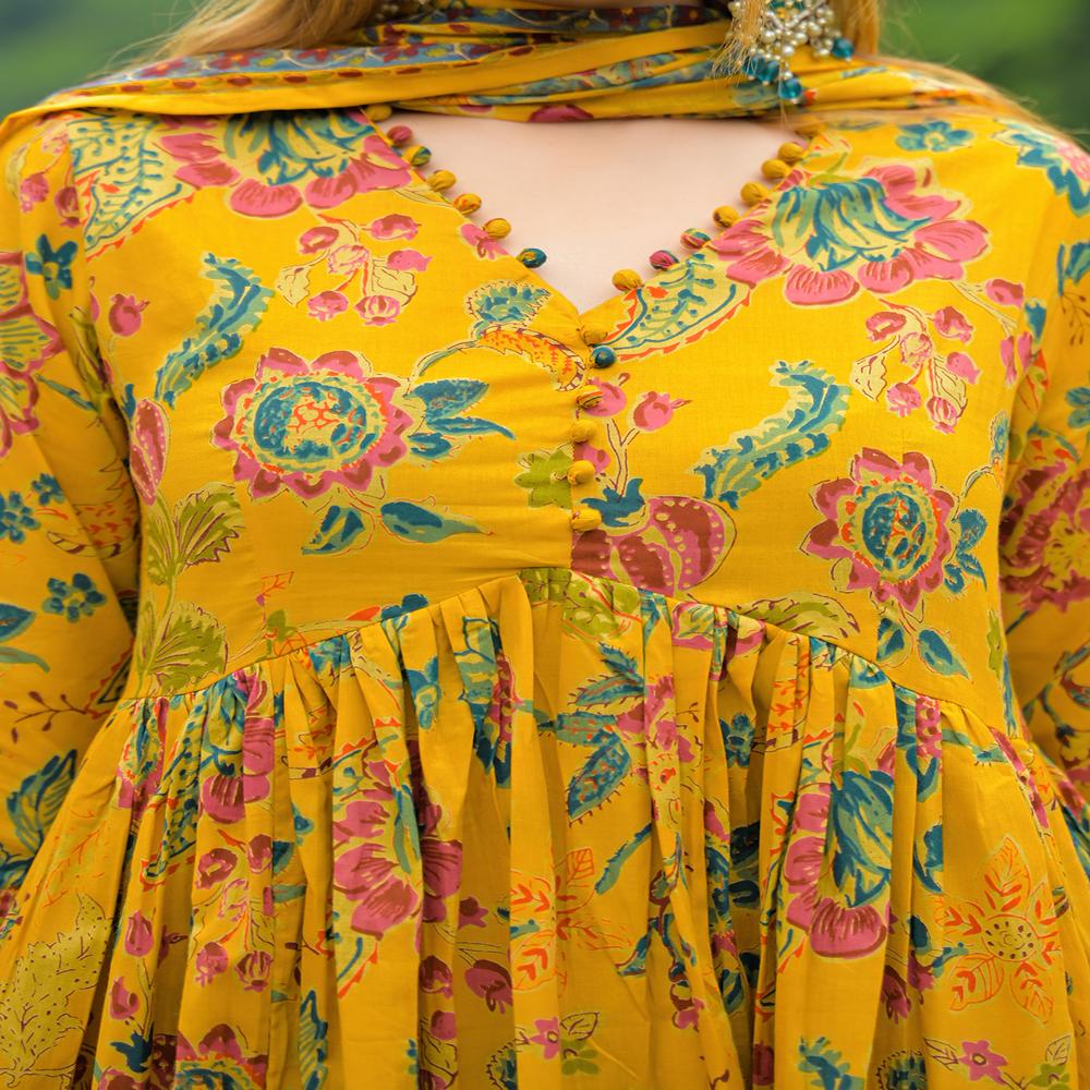 Divena Mustard Floral Print Cotton Anarkali Kurta Pant Set With Dupatta