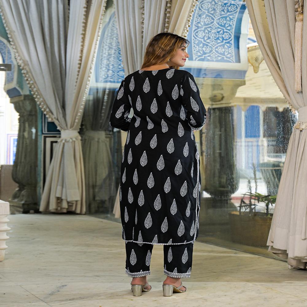 Divena Black Embroidered Cotton Straight Kurta Pant Set With Dupatta