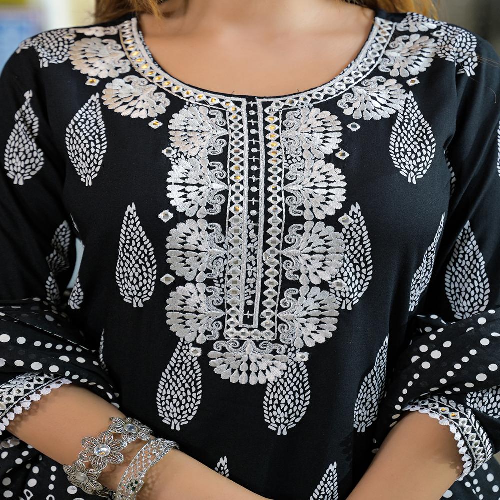 Divena Black Embroidered Cotton Straight Kurta Pant Set With Dupatta