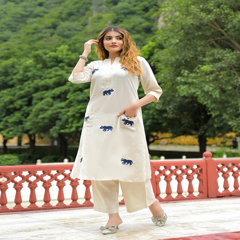 Divena Off White Embroidered Cotton A-line Kurta Pant Sets