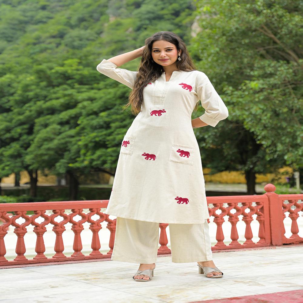 Divena Off White Embroidered Cotton A-line Kurta Pant Sets