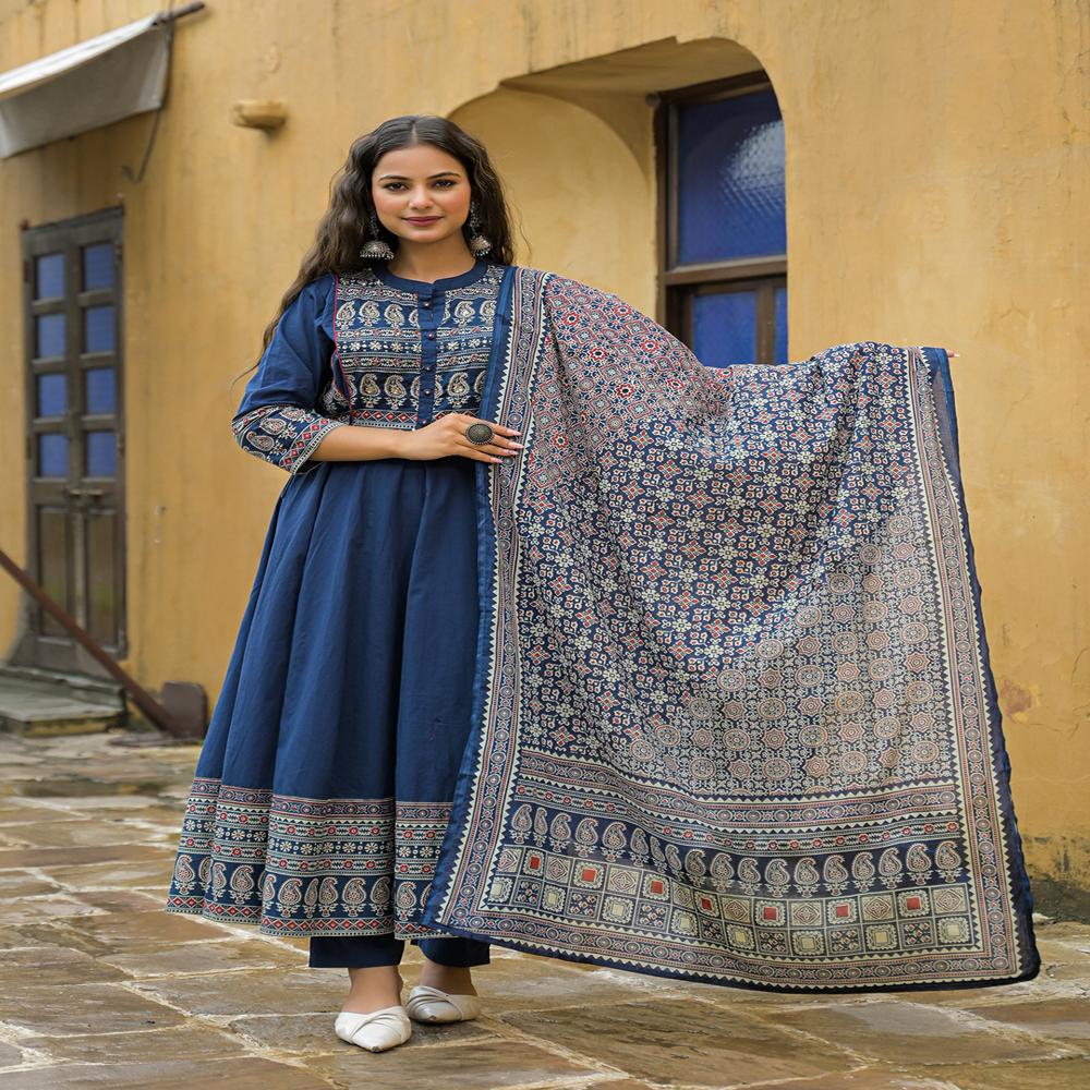 Divena Blue Paisley Print Cotton Anarkali Kurta Pant Set With Dupatta