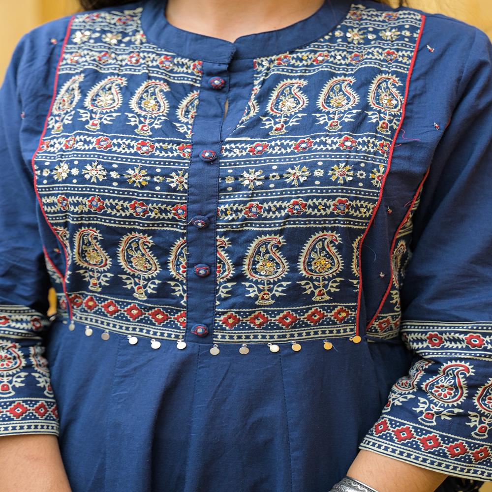 Divena Blue Paisley Print Cotton Anarkali Kurta Pant Set With Dupatta