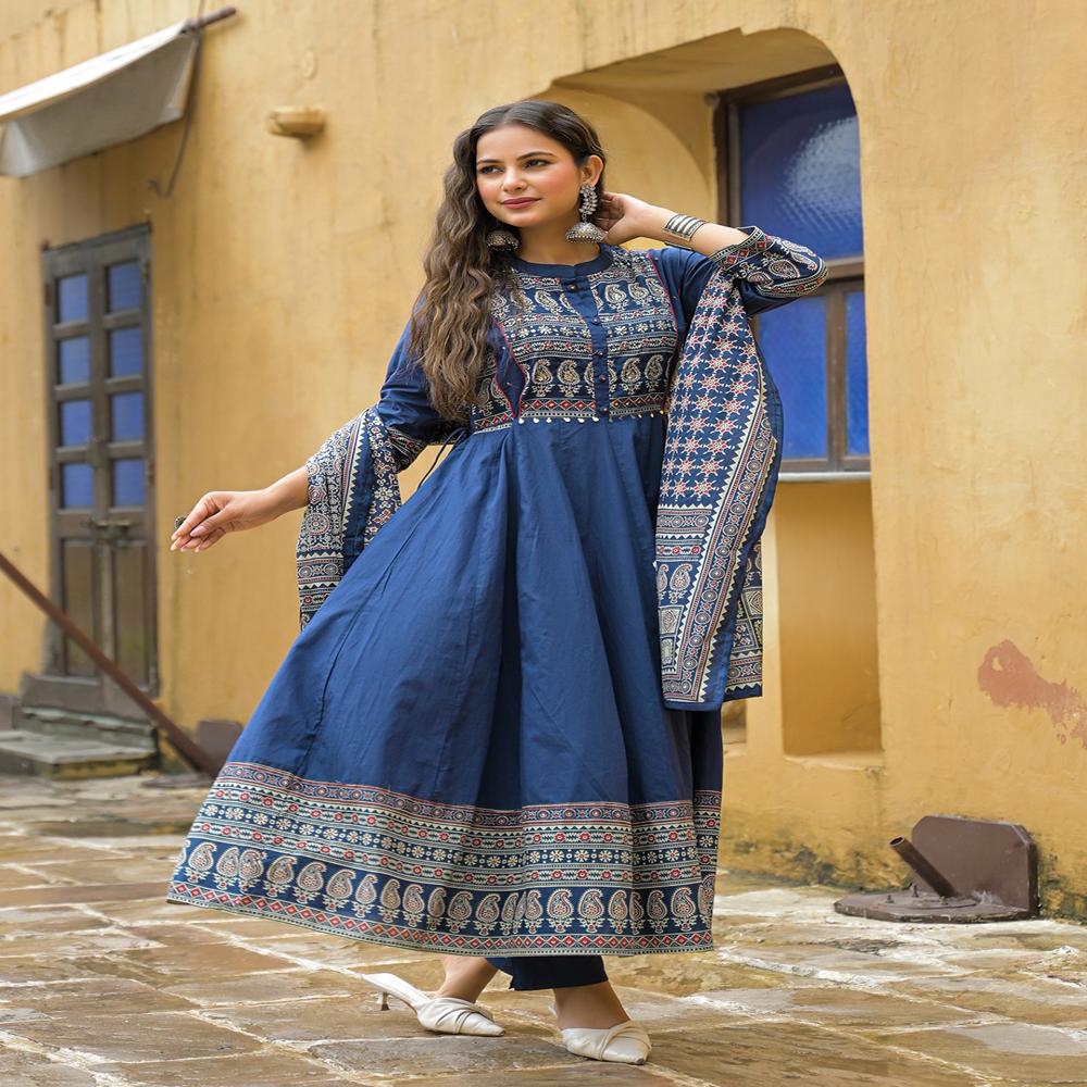 Divena Blue Paisley Print Cotton Anarkali Kurta Pant Set With Dupatta