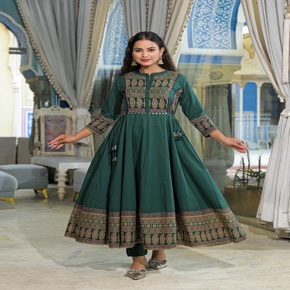 Divena Green Paisley Print Cotton Anarkali Kurta Pant Set With Dupatta