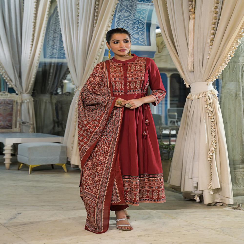 Divena Red Paisley Print Cotton Anarkali Kurta Pant Set With Dupatta