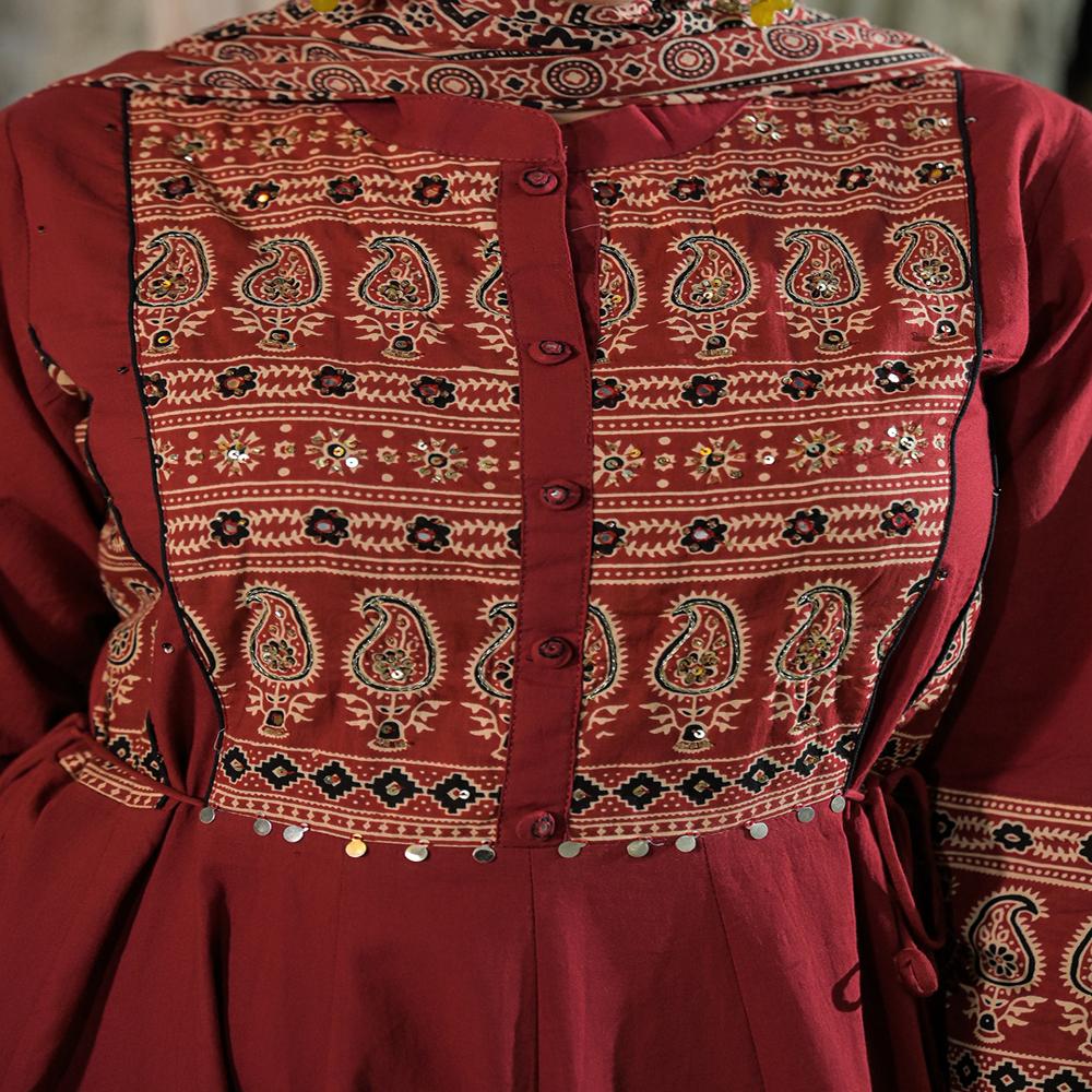 Divena Red Paisley Print Cotton Anarkali Kurta Pant Set With Dupatta