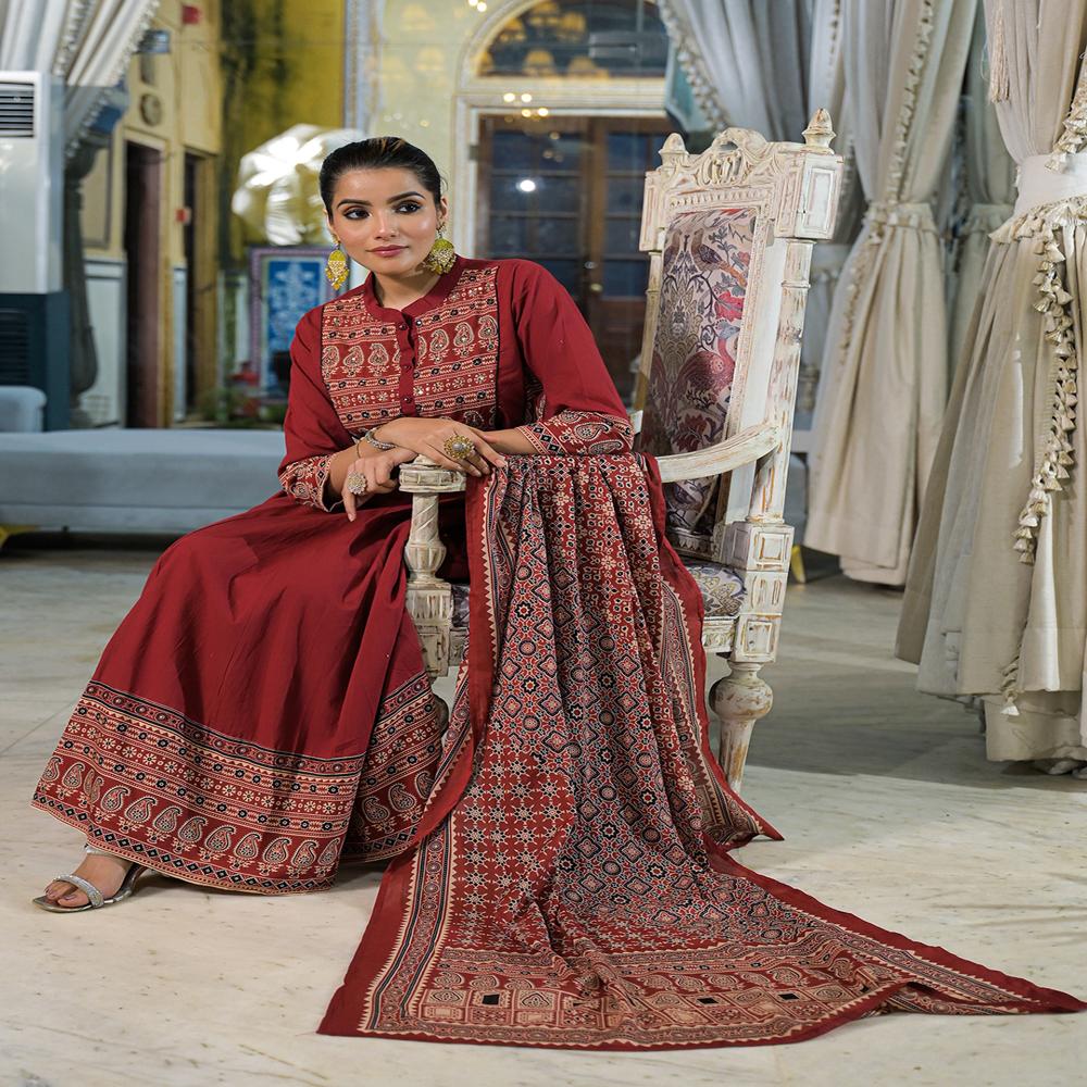 Divena Red Paisley Print Cotton Anarkali Kurta Pant Set With Dupatta