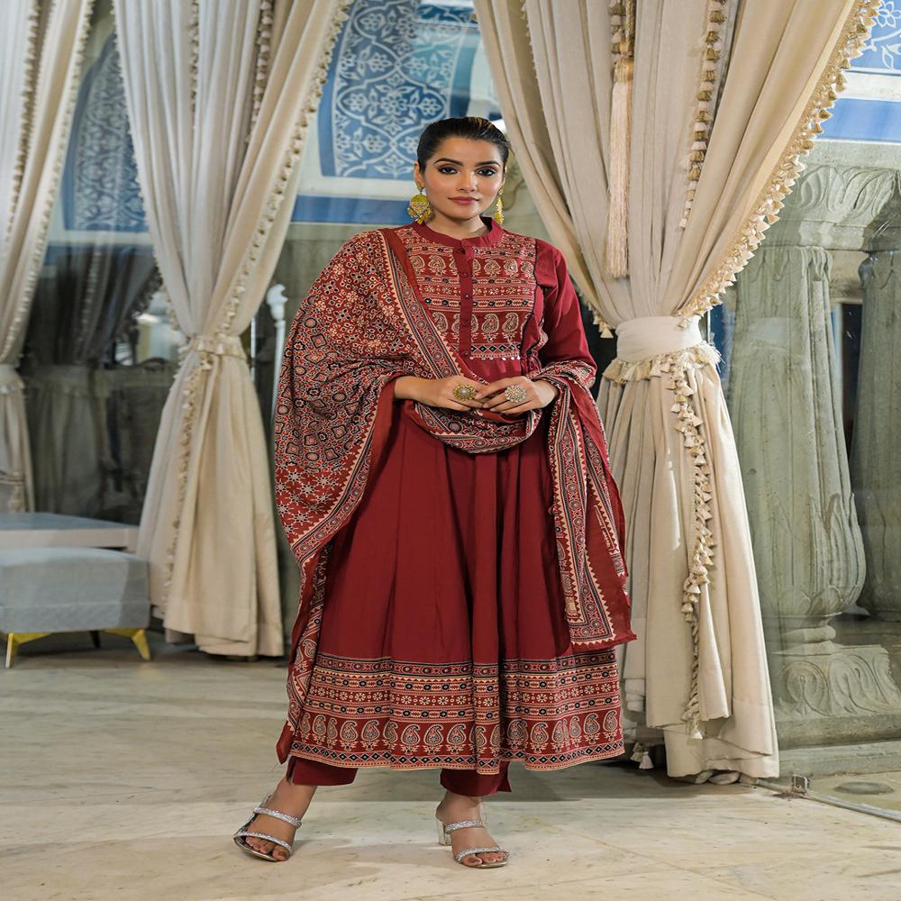 Divena Red Paisley Print Cotton Anarkali Kurta Pant Set With Dupatta