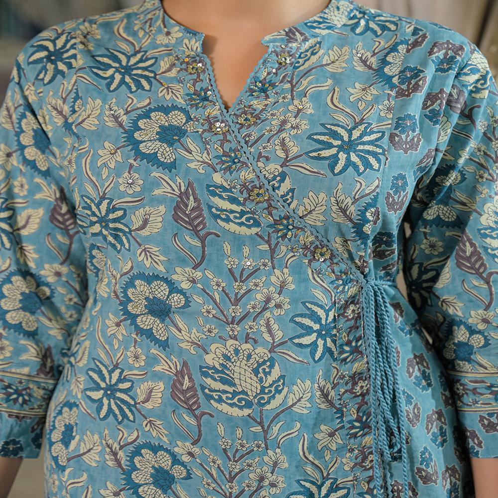 Divena Blue Floral Print Cotton A-Line Kurta Pant With Dupatta