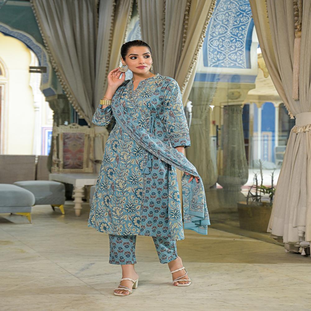 Divena Blue Floral Print Cotton A-Line Kurta Pant With Dupatta