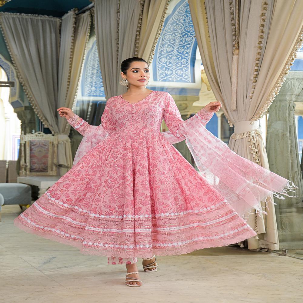 Divena Pink Hand Block Cotton Anarkali Kurta Pant Set With Dupatta