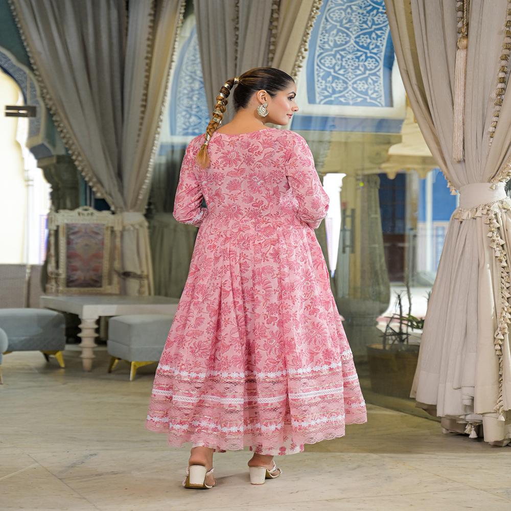 Divena Pink Hand Block Cotton Anarkali Kurta Pant Set With Dupatta