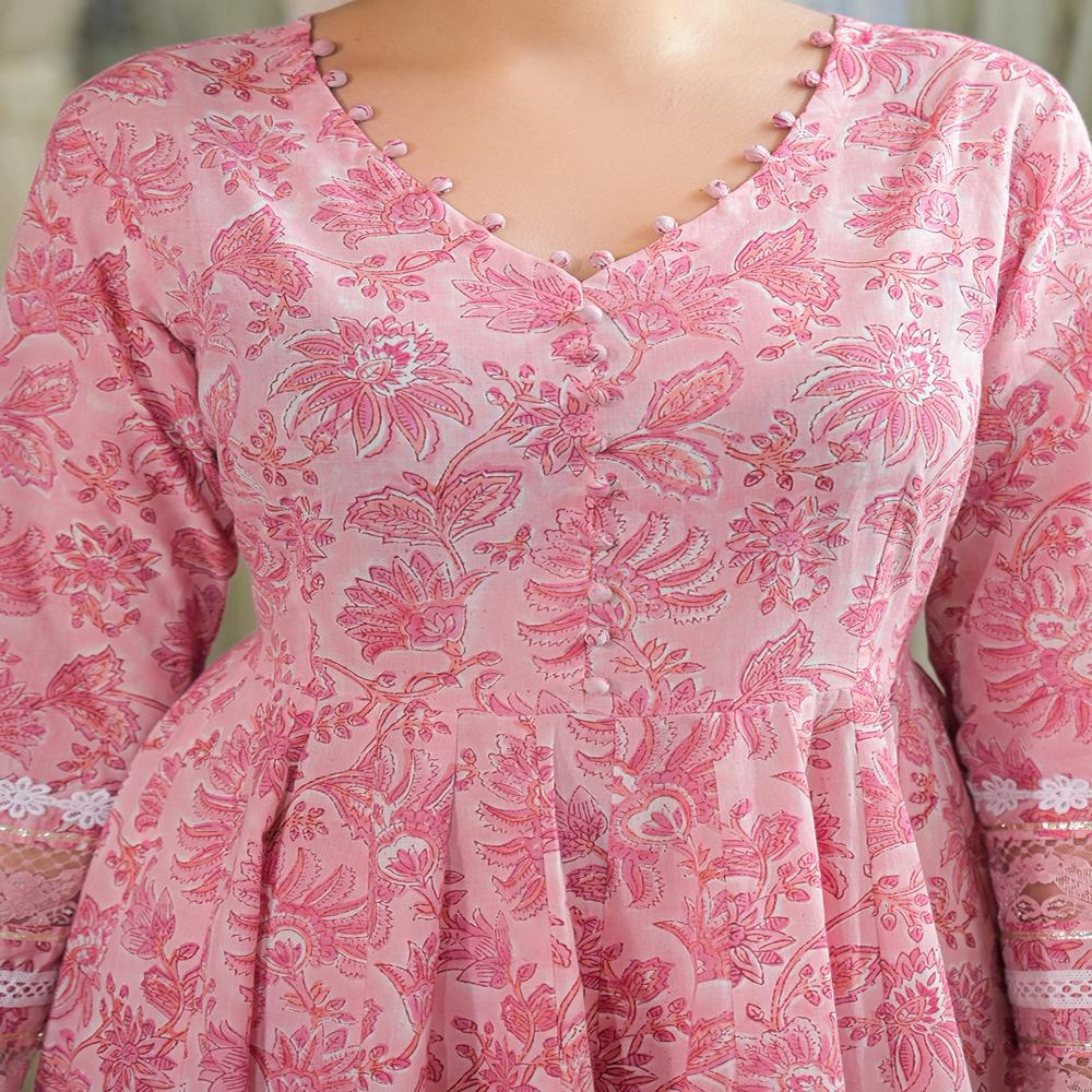 Divena Pink Hand Block Cotton Anarkali Kurta Pant Set With Dupatta