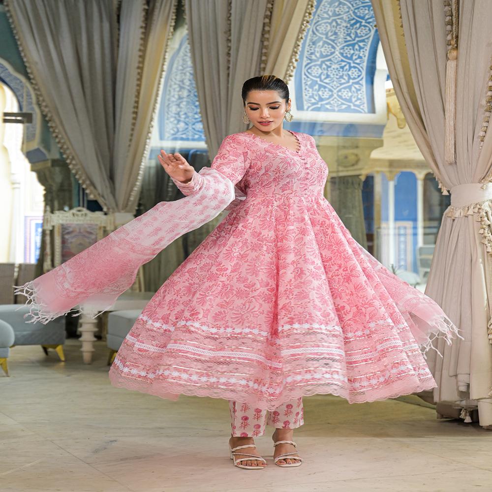 Divena Pink Hand Block Cotton Anarkali Kurta Pant Set With Dupatta