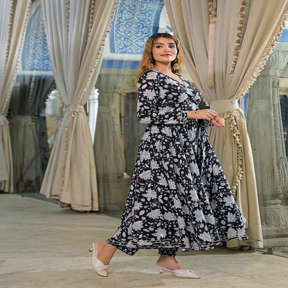 Divena Black Floral Print Cotton Anarkali Kurta Pant Sets