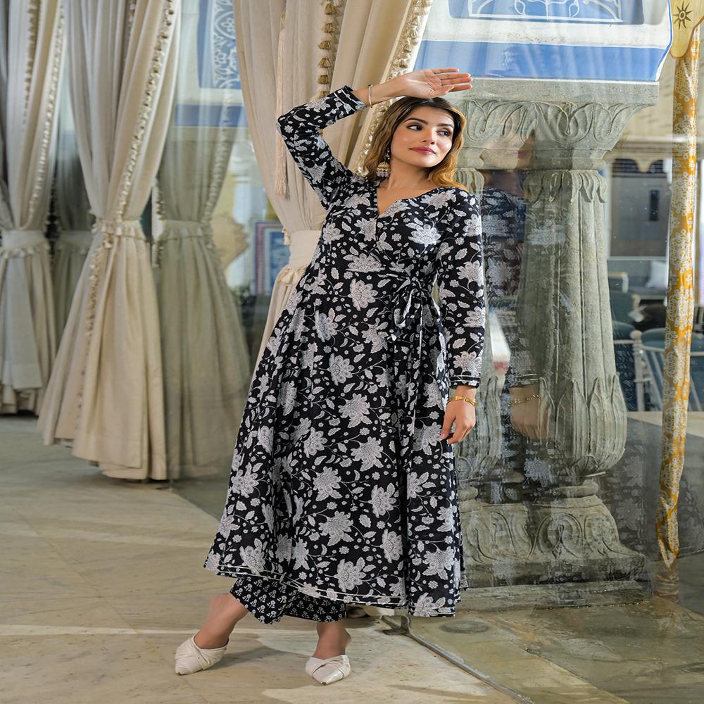 Divena Black Floral Print Cotton Anarkali Kurta Pant Sets