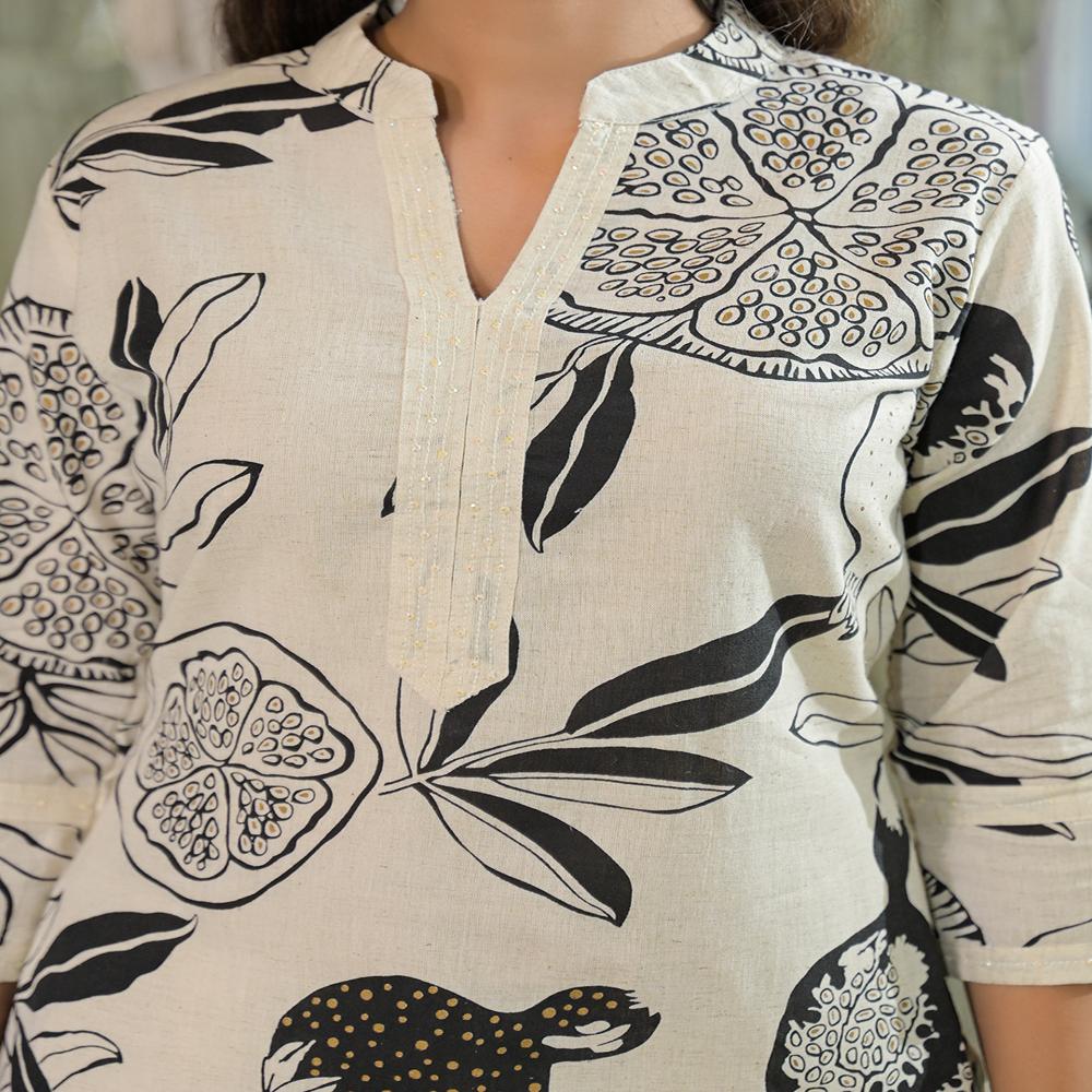 Divena Off White Floral Print Cotton Straight Kurta Pant Sets