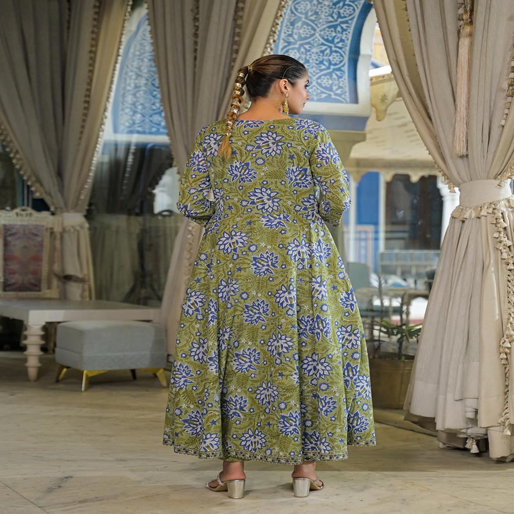 Divena Green Hand Block Cotton Anarkali Kurta Pant With Dupatta & Jecket