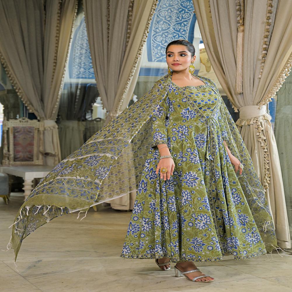 Divena Green Hand Block Cotton Anarkali Kurta Pant With Dupatta & Jecket