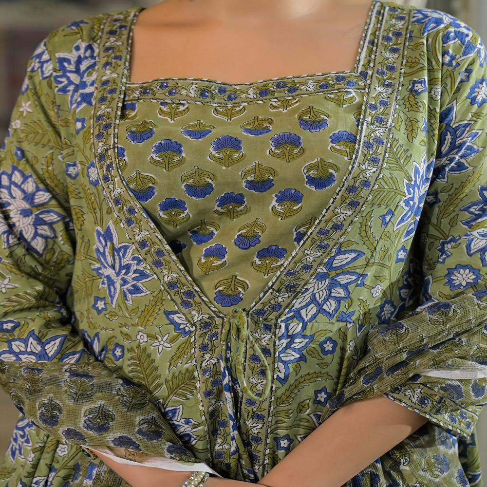 Divena Green Hand Block Cotton Anarkali Kurta Pant With Dupatta & Jecket