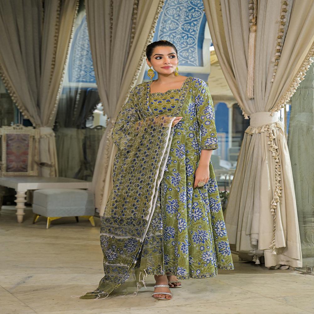 Divena Green Hand Block Cotton Anarkali Kurta Pant With Dupatta & Jecket