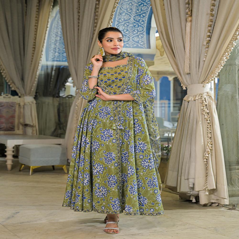 Divena Green Hand Block Cotton Anarkali Kurta Pant With Dupatta & Jecket