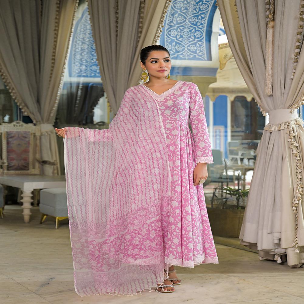 Divena Pink Hand Block Cotton Anarkali Kurta Pant With Dupatta