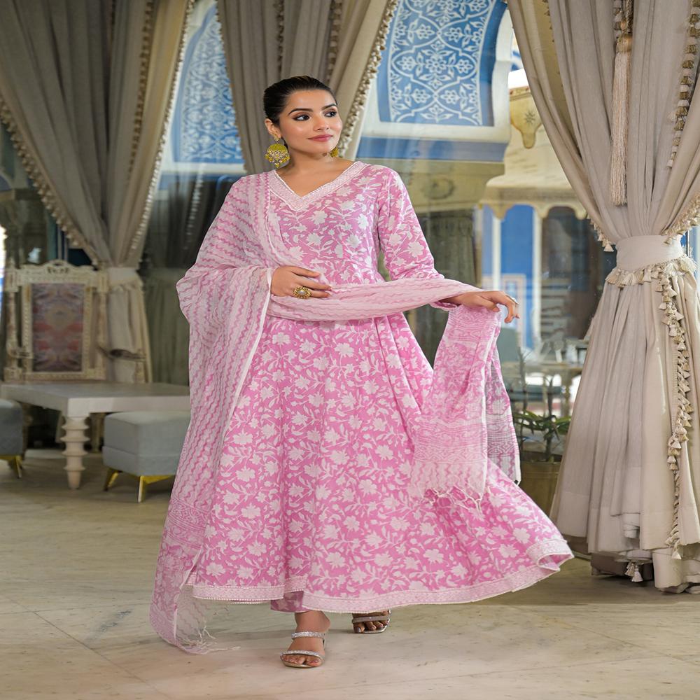 Divena Pink Hand Block Cotton Anarkali Kurta Pant With Dupatta