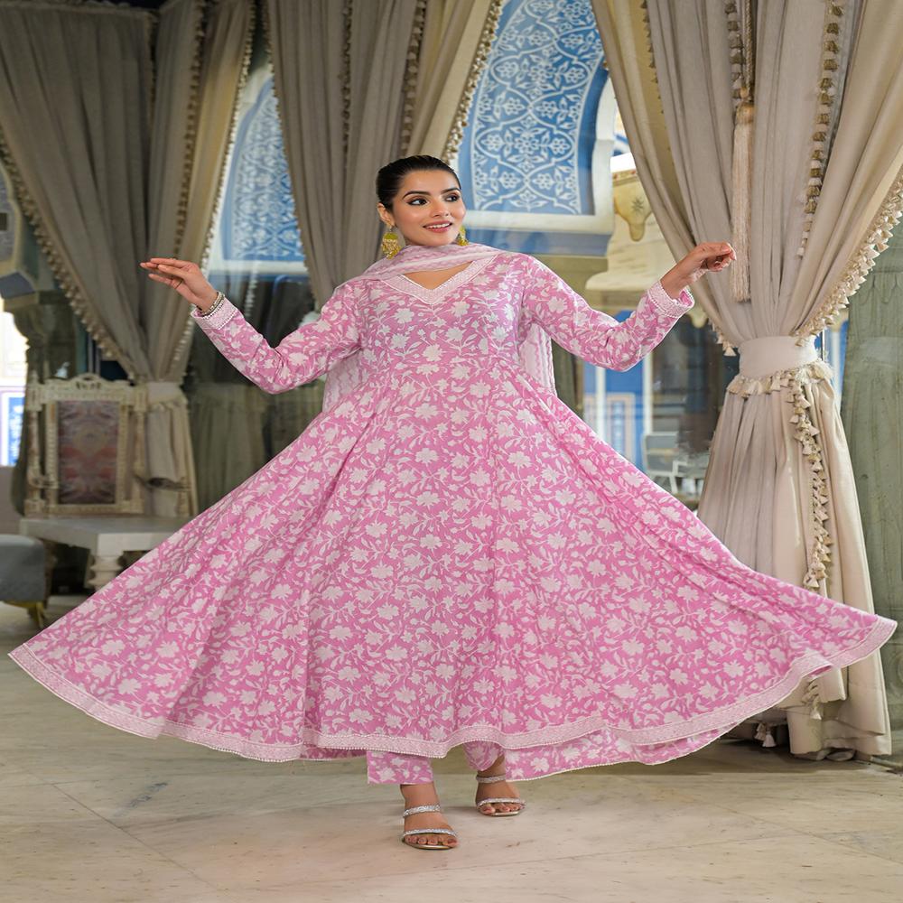 Divena Pink Hand Block Cotton Anarkali Kurta Pant With Dupatta