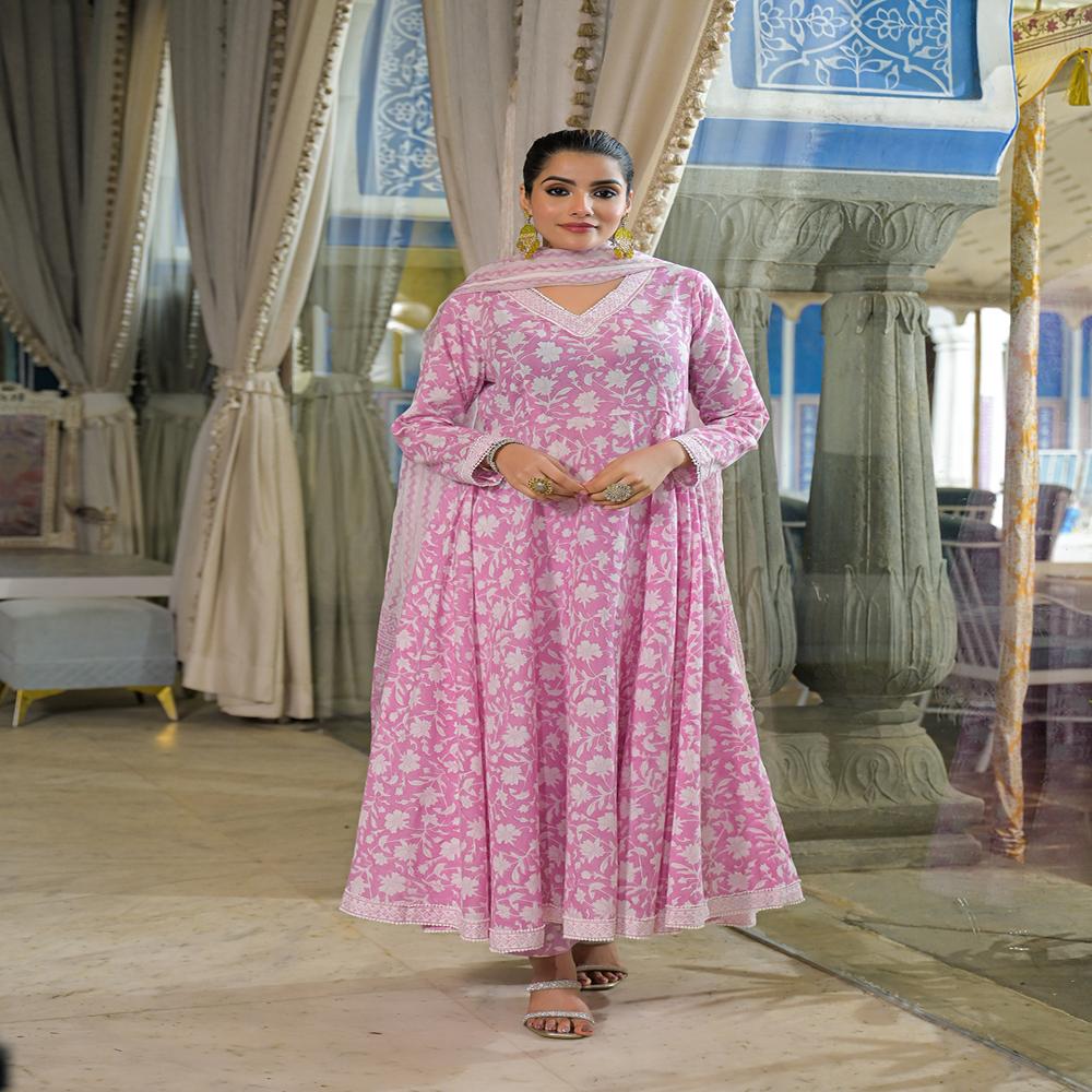 Divena Pink Hand Block Cotton Anarkali Kurta Pant With Dupatta