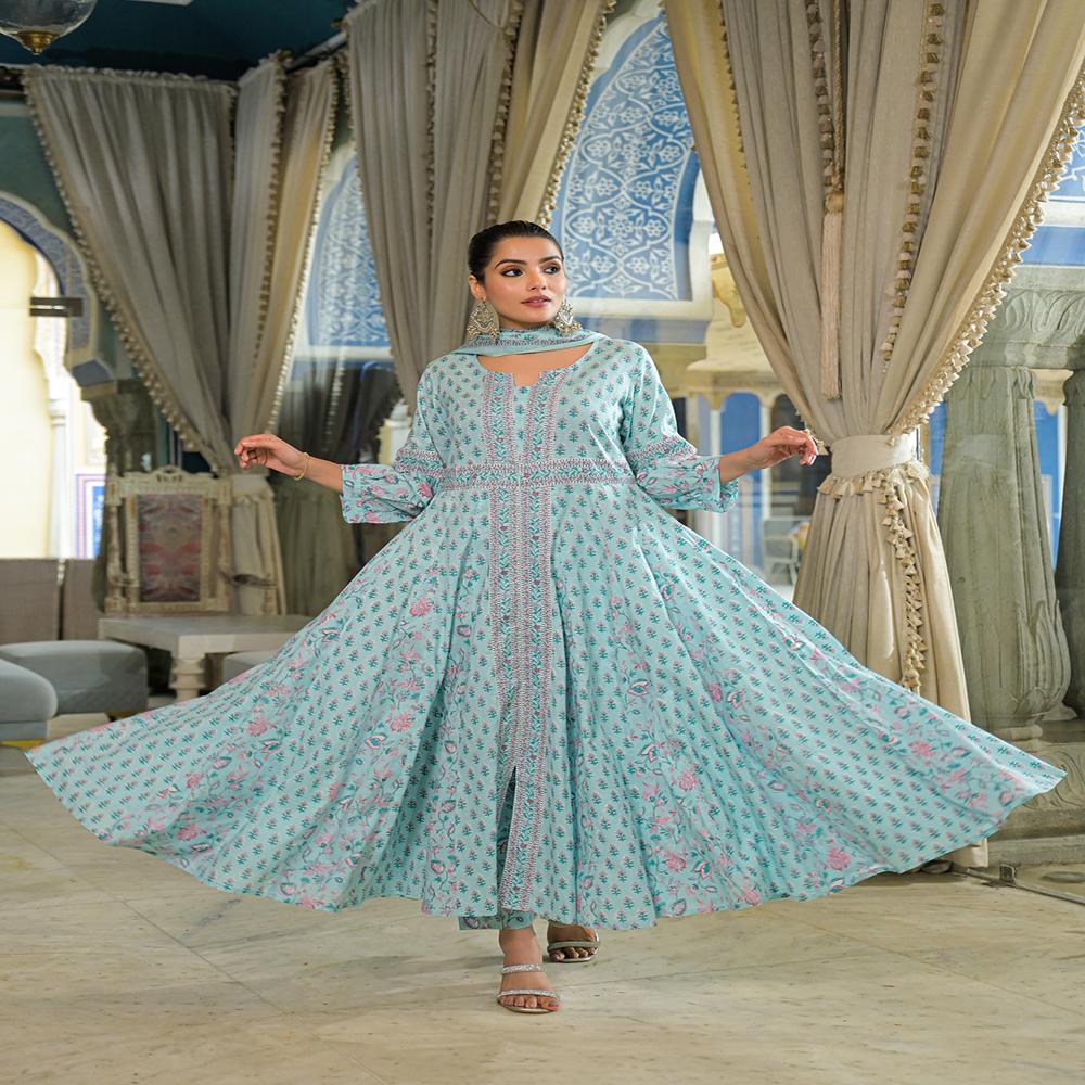Divena Sky Blue  Ethnic Motif Cotton Anarkali Kurta Pant With Dupatta