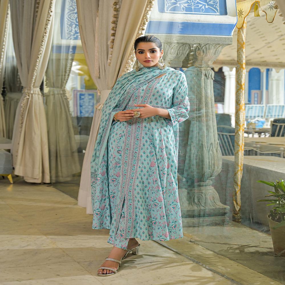 Divena Sky Blue  Ethnic Motif Cotton Anarkali Kurta Pant With Dupatta