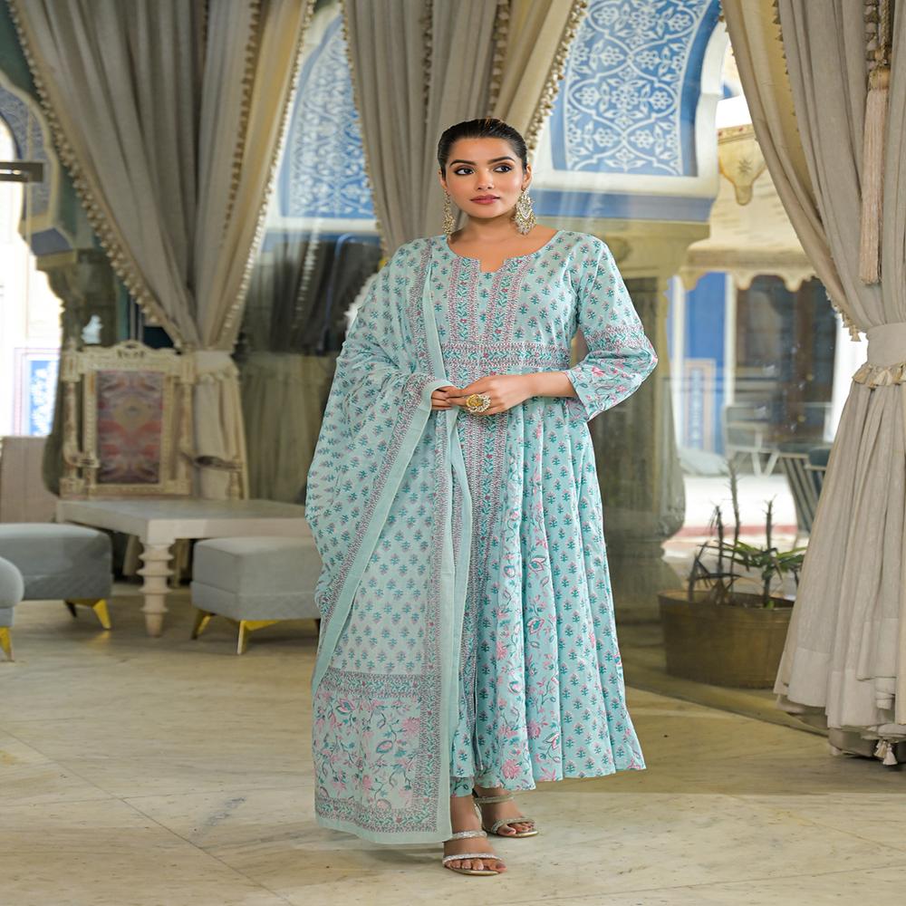 Divena Sky Blue  Ethnic Motif Cotton Anarkali Kurta Pant With Dupatta